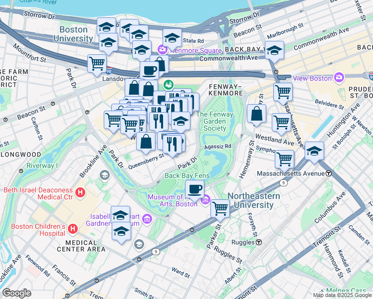 map of restaurants, bars, coffee shops, grocery stores, and more near 16 Queensberry Street in Boston