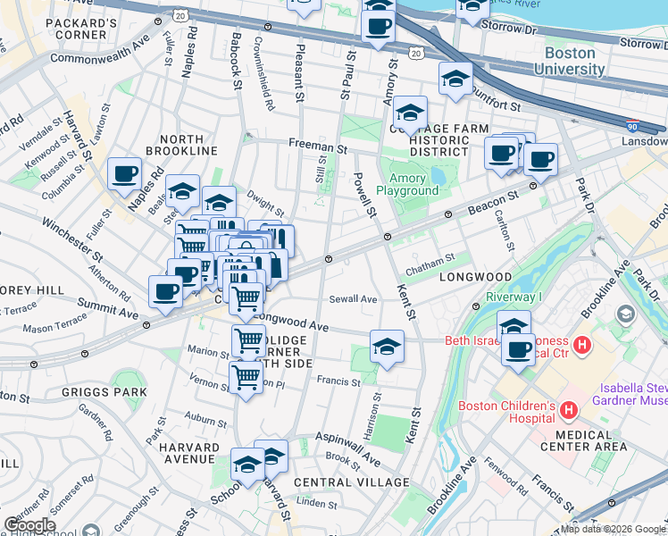 map of restaurants, bars, coffee shops, grocery stores, and more near 1202 Beacon Street in Brookline