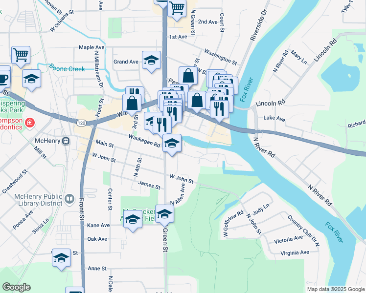 map of restaurants, bars, coffee shops, grocery stores, and more near 3516 Waukegan Road in McHenry