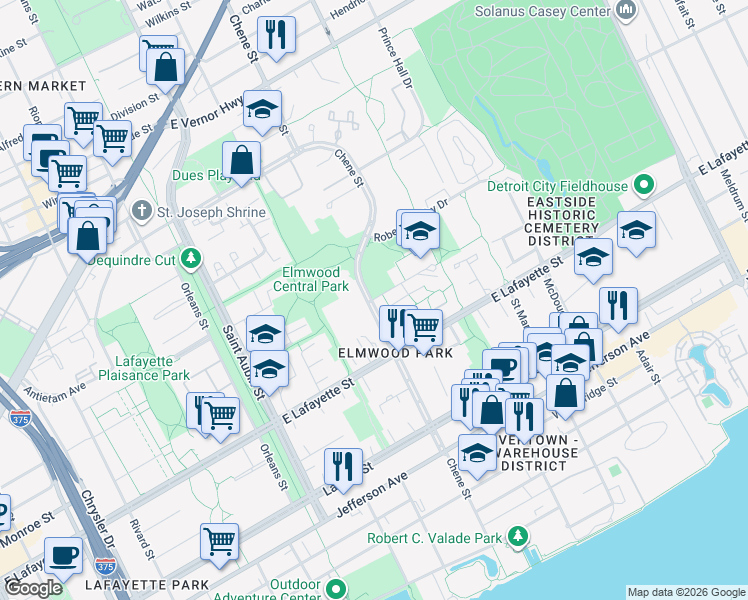 map of restaurants, bars, coffee shops, grocery stores, and more near 2710 Macomb St in Detroit