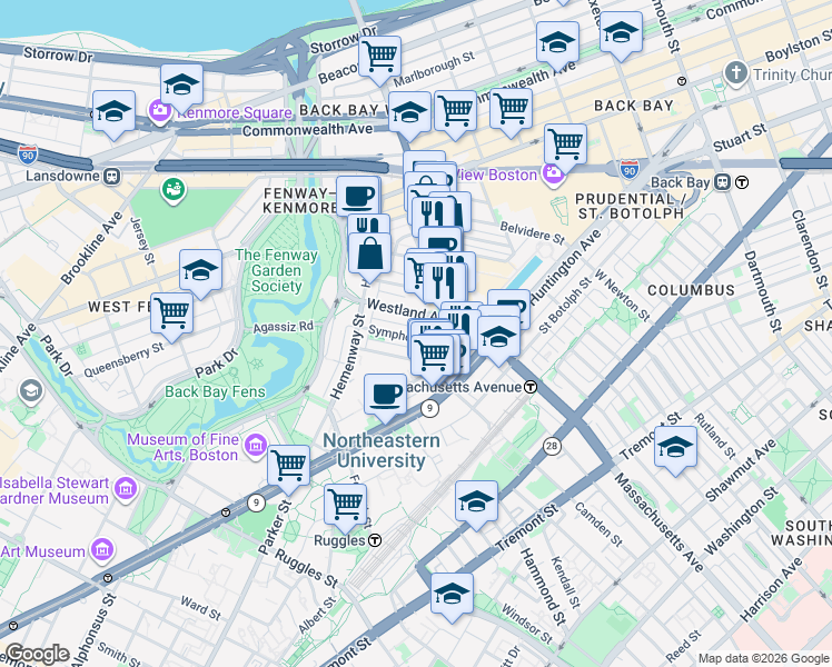 map of restaurants, bars, coffee shops, grocery stores, and more near 29 Symphony Road in Boston