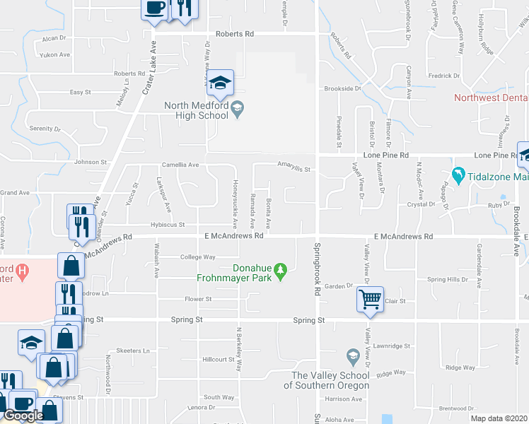 map of restaurants, bars, coffee shops, grocery stores, and more near 1351 Bonita Avenue in Medford