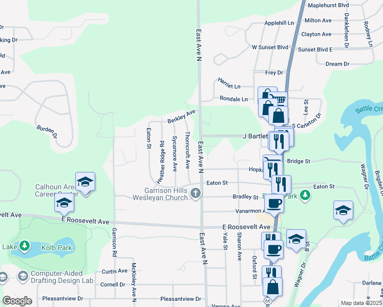 map of restaurants, bars, coffee shops, grocery stores, and more near 47 Thorncroft Avenue in Battle Creek