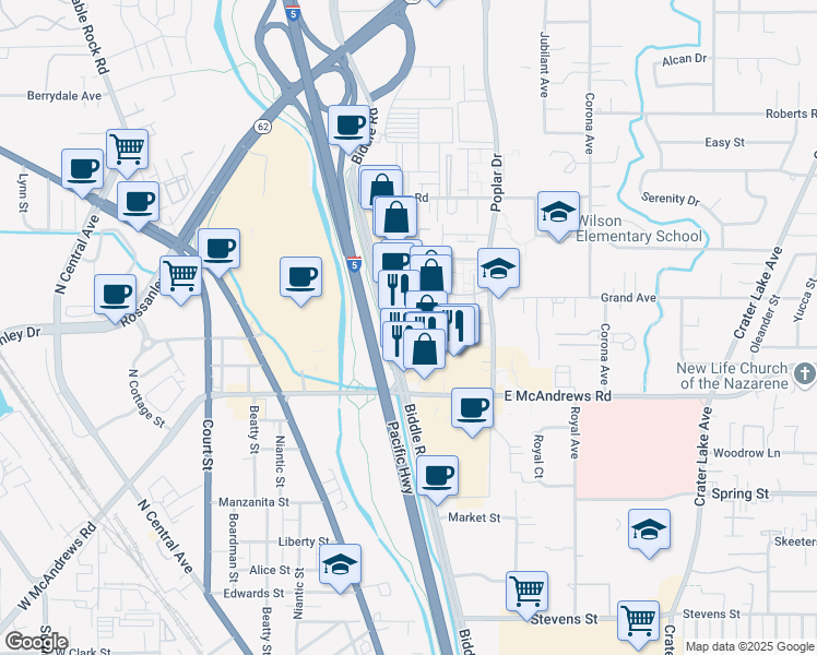 map of restaurants, bars, coffee shops, grocery stores, and more near 1408 Biddle Rd in Medford
