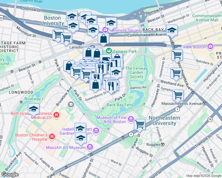 map of restaurants, bars, coffee shops, grocery stores, and more near 119 Jersey Street in Boston