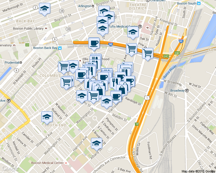 map of restaurants, bars, coffee shops, grocery stores, and more near 270A Shawmut Avenue in Boston