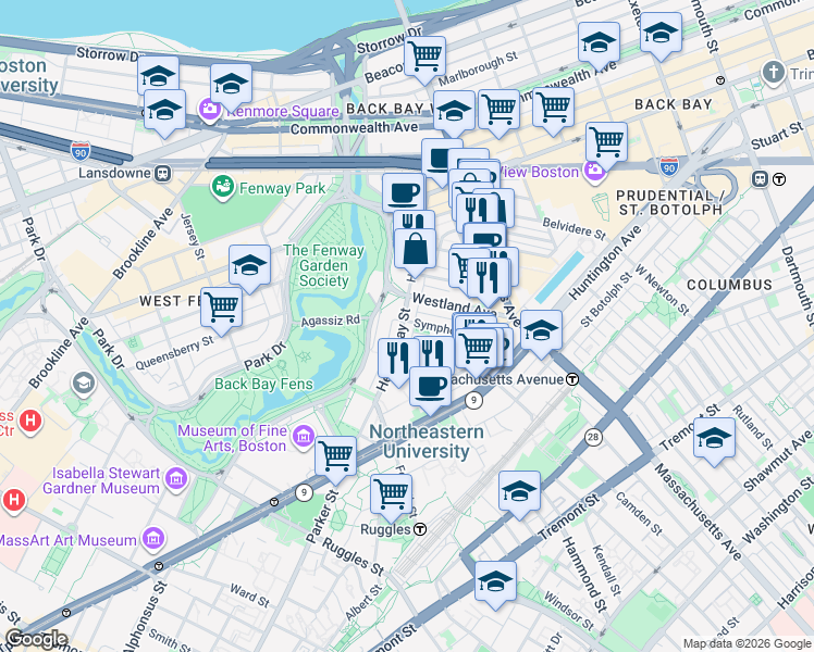 map of restaurants, bars, coffee shops, grocery stores, and more near in Boston