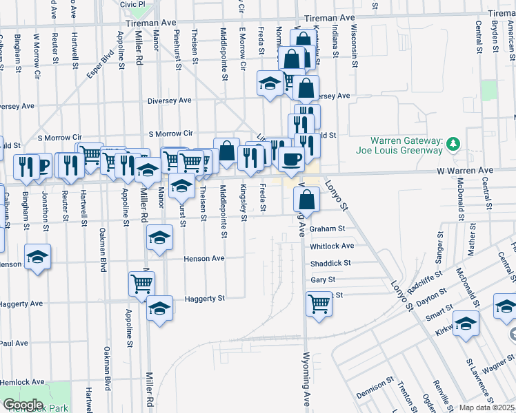 map of restaurants, bars, coffee shops, grocery stores, and more near 7103 Freda Street in Dearborn