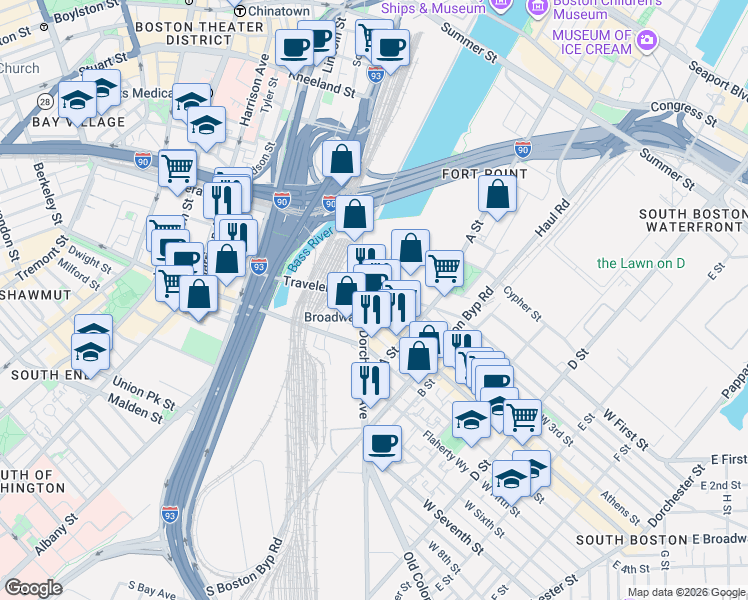 map of restaurants, bars, coffee shops, grocery stores, and more near 8 West 2nd Street in Boston