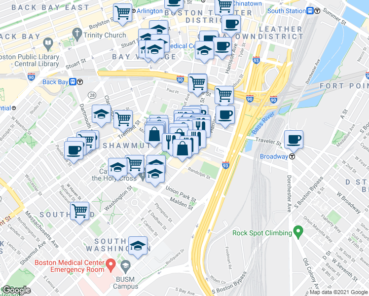 map of restaurants, bars, coffee shops, grocery stores, and more near 230 Shawmut Avenue in Boston