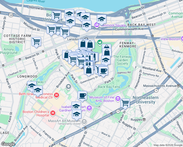 map of restaurants, bars, coffee shops, grocery stores, and more near 85 Peterborough Street in Boston