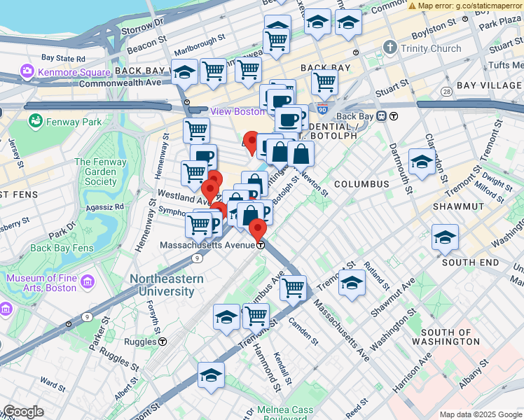 map of restaurants, bars, coffee shops, grocery stores, and more near 200-220 Huntington Avenue in Boston