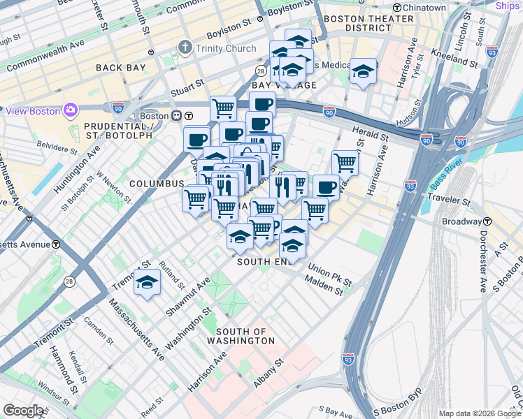 map of restaurants, bars, coffee shops, grocery stores, and more near in Boston