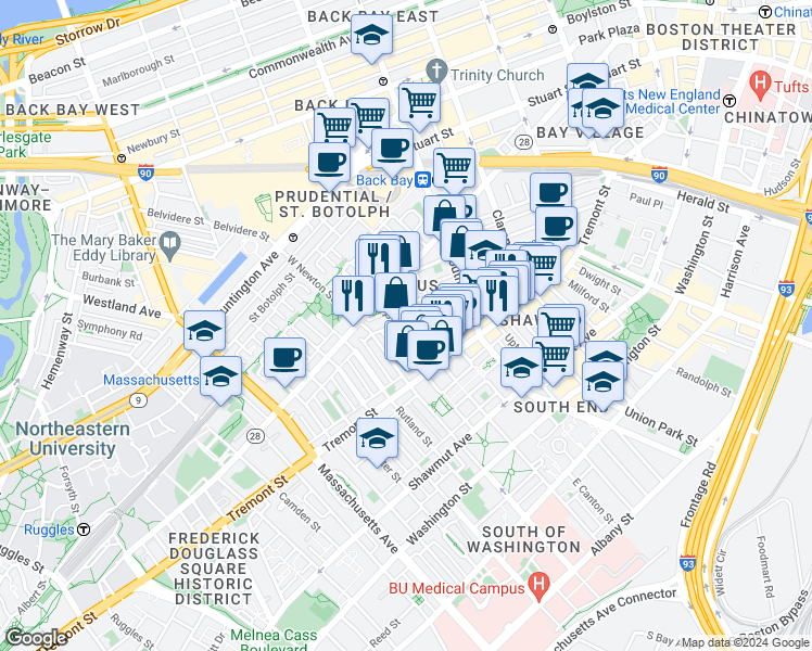 map of restaurants, bars, coffee shops, grocery stores, and more near 174 West Canton Street in Boston