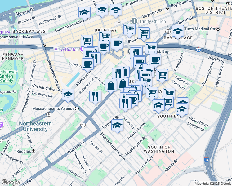 map of restaurants, bars, coffee shops, grocery stores, and more near 141 Pembroke Street in Boston