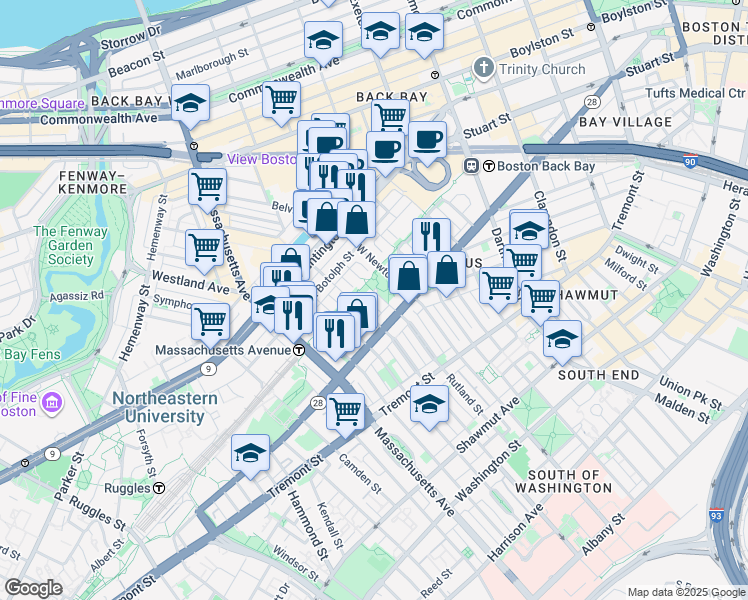 map of restaurants, bars, coffee shops, grocery stores, and more near 76 Claremont Street in Boston