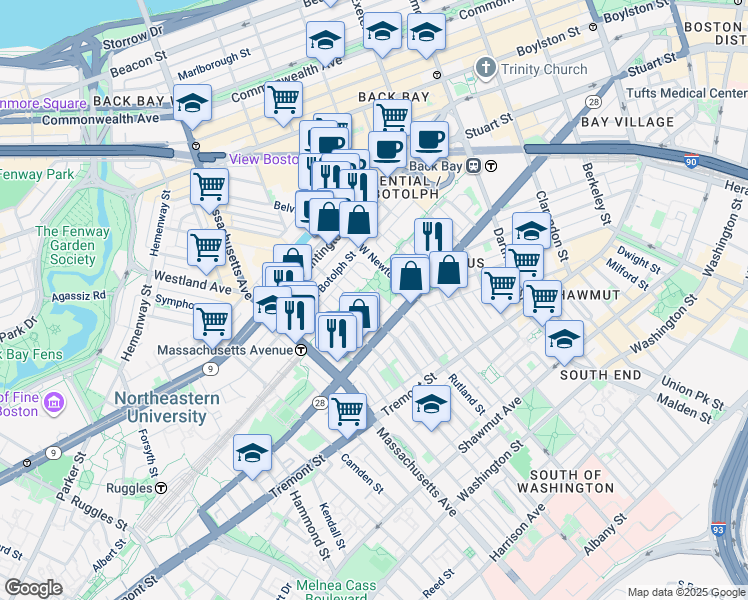map of restaurants, bars, coffee shops, grocery stores, and more near 76 Claremont Street in Boston
