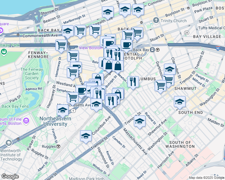 map of restaurants, bars, coffee shops, grocery stores, and more near in Boston