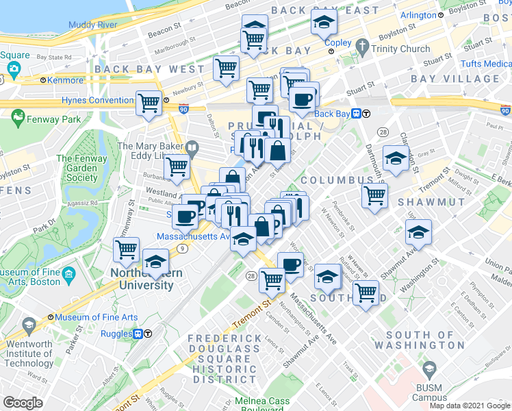 map of restaurants, bars, coffee shops, grocery stores, and more near in Boston