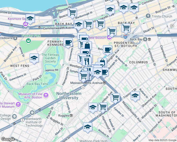 map of restaurants, bars, coffee shops, grocery stores, and more near in Boston