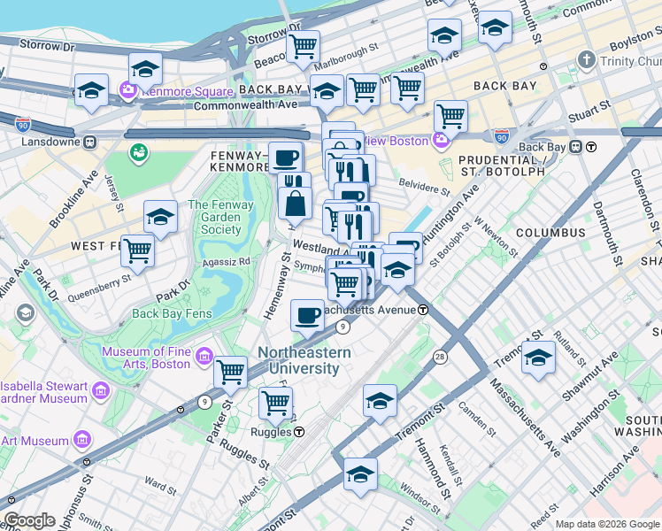 map of restaurants, bars, coffee shops, grocery stores, and more near 29 Symphony Road in Boston