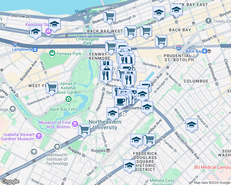 map of restaurants, bars, coffee shops, grocery stores, and more near 29 Symphony Road in Boston