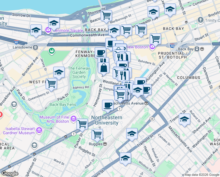 map of restaurants, bars, coffee shops, grocery stores, and more near 29 Symphony Road in Boston