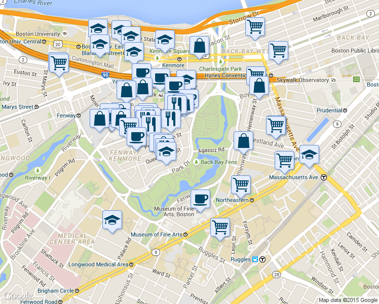 map of restaurants, bars, coffee shops, grocery stores, and more near 11 Queensberry Street in Boston