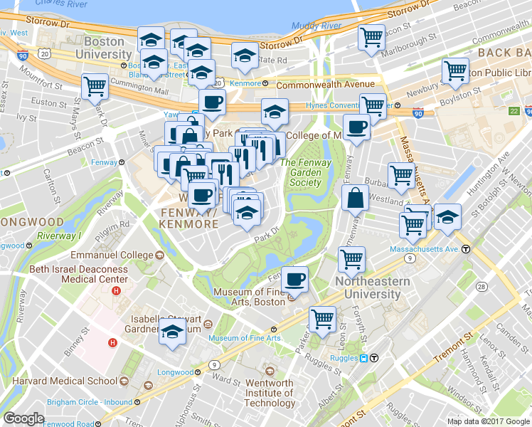 map of restaurants, bars, coffee shops, grocery stores, and more near 11 Queensberry Street in Boston