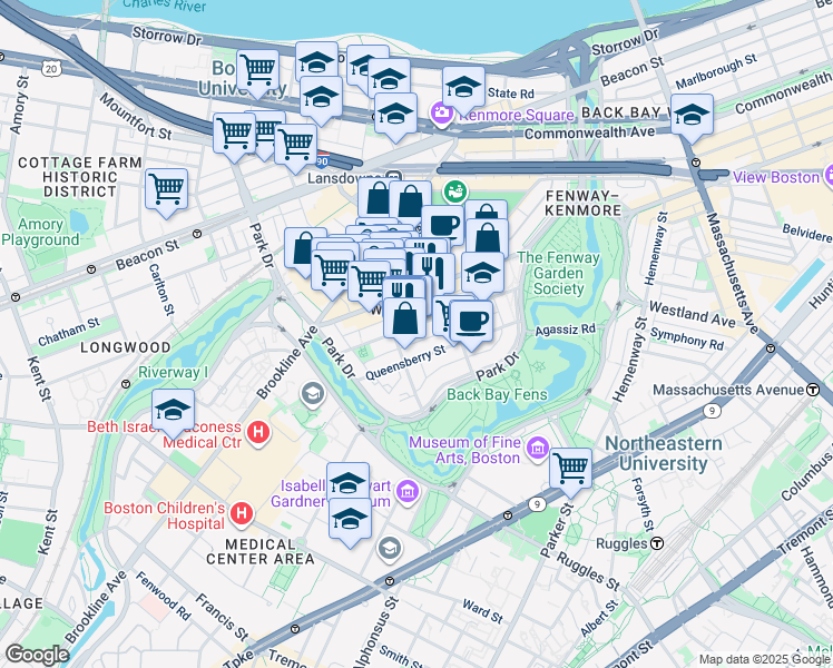 map of restaurants, bars, coffee shops, grocery stores, and more near 85 Peterborough Street in Boston