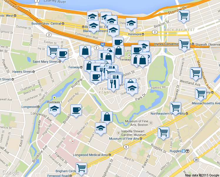 map of restaurants, bars, coffee shops, grocery stores, and more near in Boston