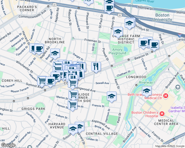map of restaurants, bars, coffee shops, grocery stores, and more near 3 James Street in Brookline