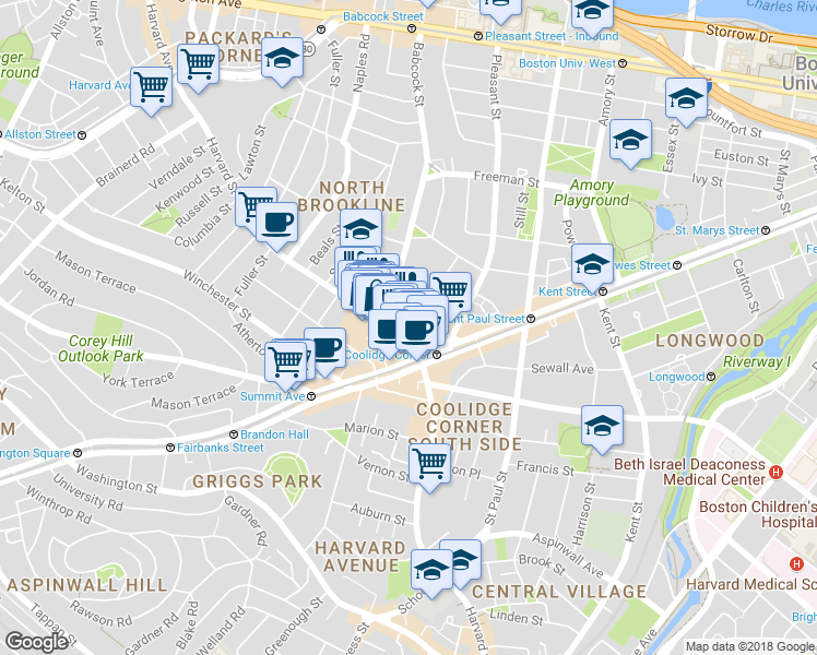 map of restaurants, bars, coffee shops, grocery stores, and more near 301 Harvard Street in Brookline