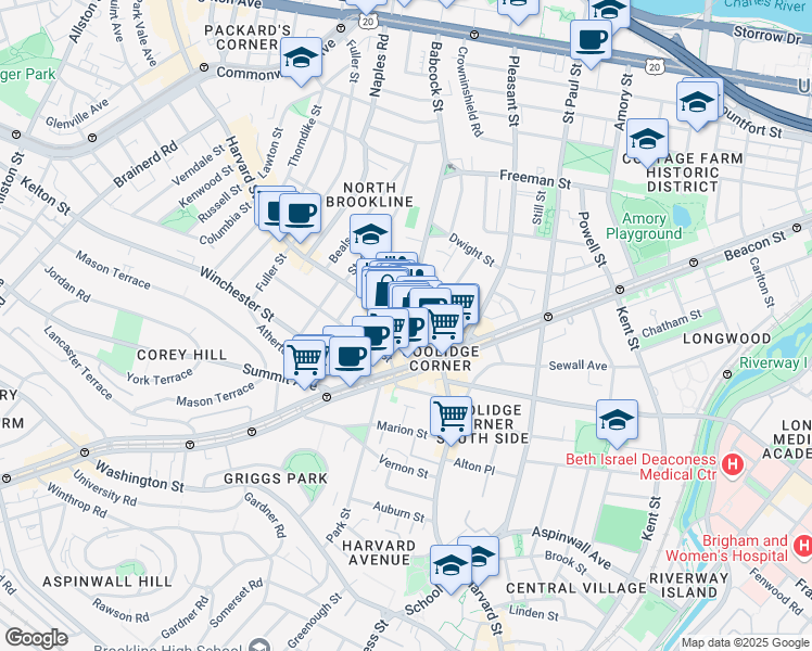 map of restaurants, bars, coffee shops, grocery stores, and more near 301 Harvard Street in Brookline