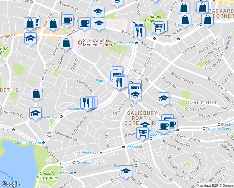 map of restaurants, bars, coffee shops, grocery stores, and more near 1619 Commonwealth Avenue in Boston