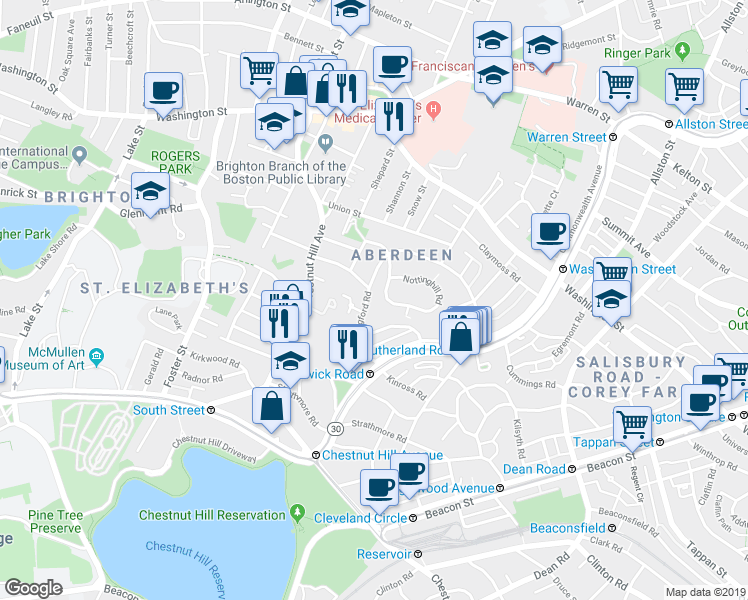 map of restaurants, bars, coffee shops, grocery stores, and more near 57 Wallingford Road in Boston