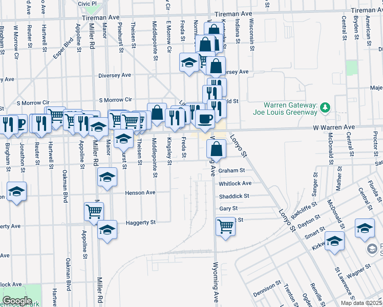 map of restaurants, bars, coffee shops, grocery stores, and more near 7060 Normile Street in Dearborn