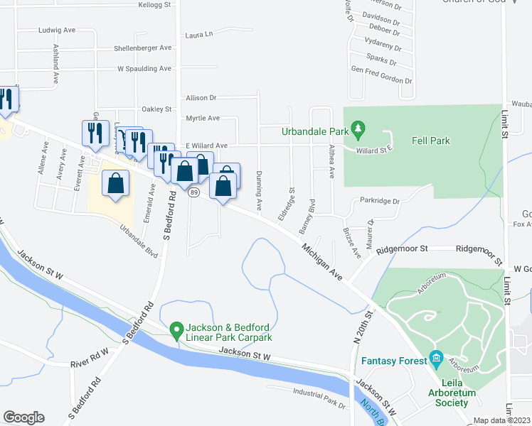 map of restaurants, bars, coffee shops, grocery stores, and more near 31 Eldredge Street in Battle Creek