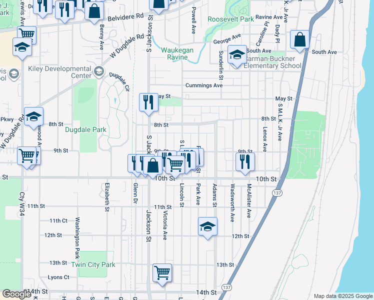 map of restaurants, bars, coffee shops, grocery stores, and more near 833 South Lincoln Avenue in Waukegan