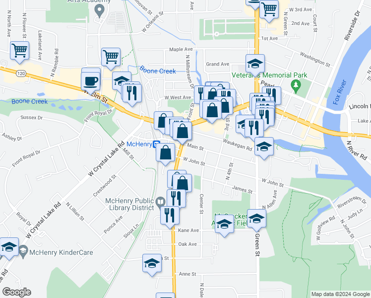 map of restaurants, bars, coffee shops, grocery stores, and more near 3816 Main Street in McHenry