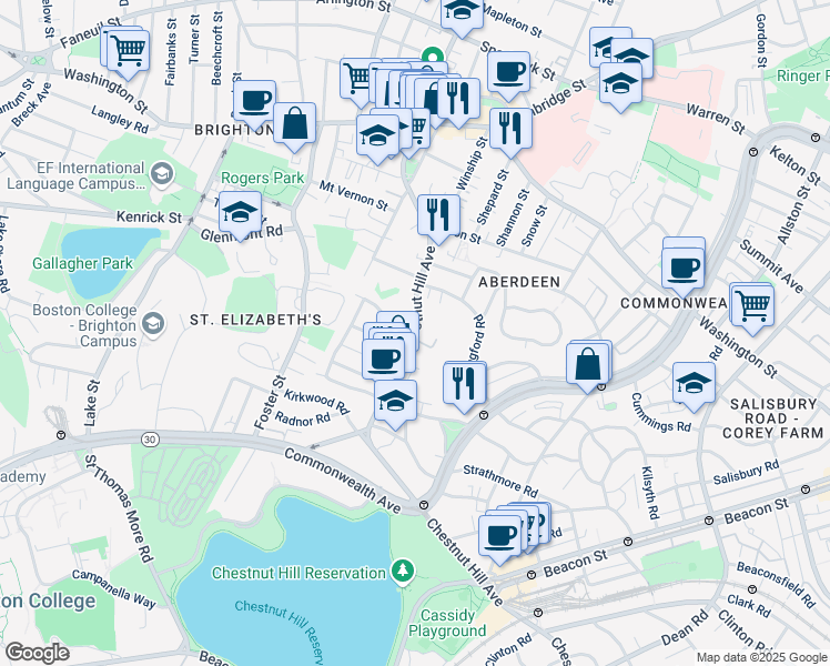 map of restaurants, bars, coffee shops, grocery stores, and more near Chestnut Hill Avenue in Boston
