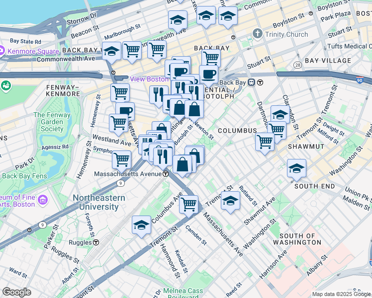 map of restaurants, bars, coffee shops, grocery stores, and more near in Boston