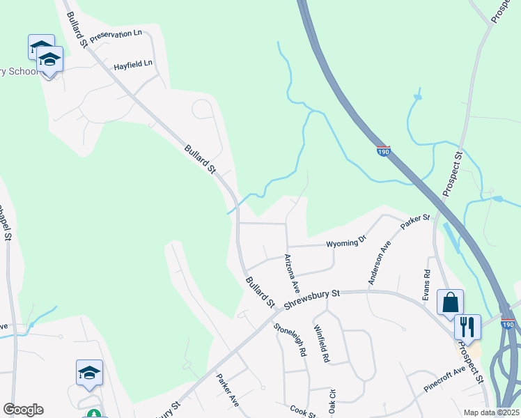 map of restaurants, bars, coffee shops, grocery stores, and more near 128 Bullard Street in Holden