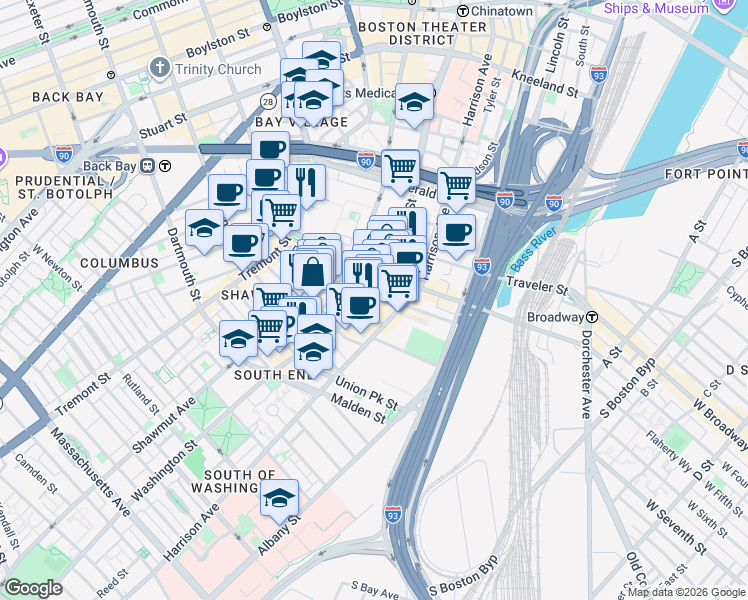 map of restaurants, bars, coffee shops, grocery stores, and more near 230 Shawmut Avenue in Boston