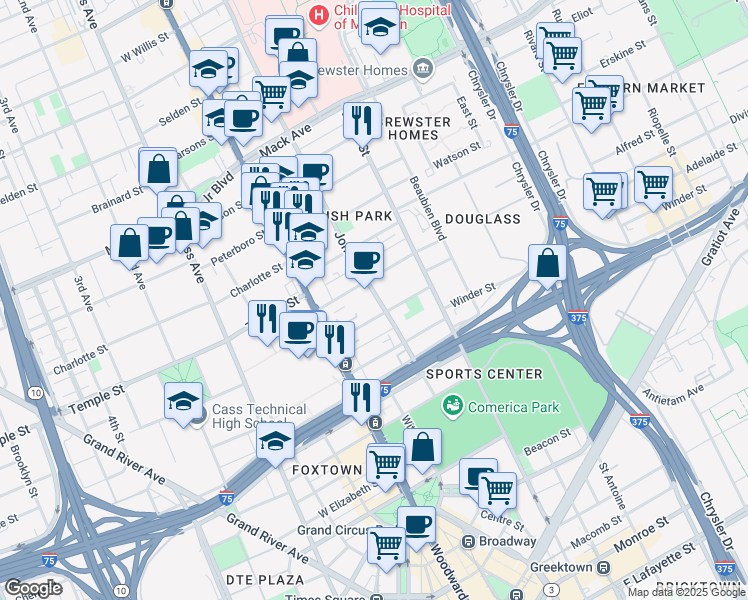 map of restaurants, bars, coffee shops, grocery stores, and more near 2750 John R Street in Detroit