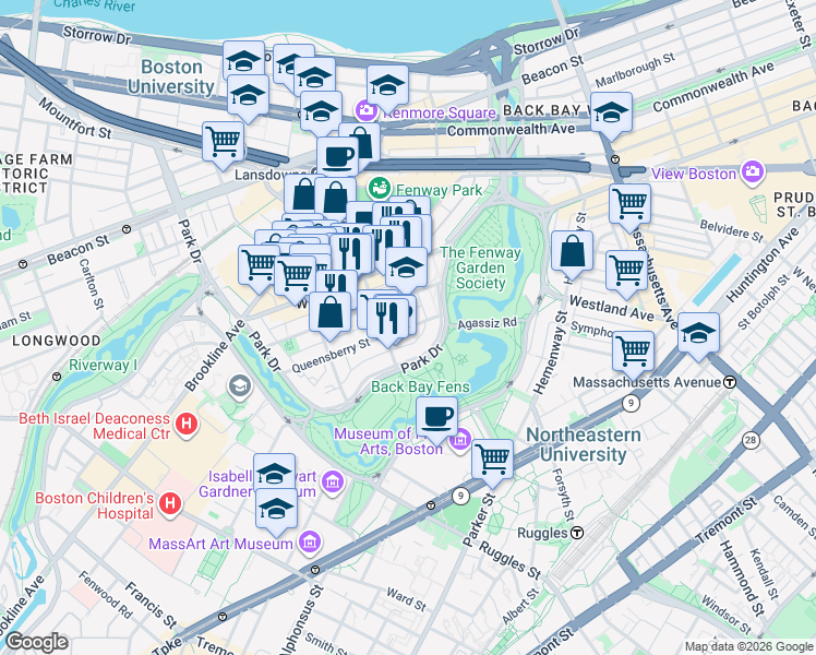 map of restaurants, bars, coffee shops, grocery stores, and more near 11 Queensberry Street in Boston