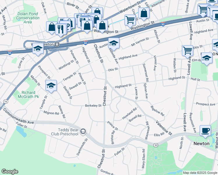 map of restaurants, bars, coffee shops, grocery stores, and more near 211 Highland Street in Newton
