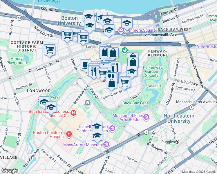 map of restaurants, bars, coffee shops, grocery stores, and more near Peterborough St & Kilmarnock St in Boston