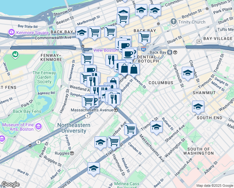 map of restaurants, bars, coffee shops, grocery stores, and more near 181 Saint Botolph Street in Boston