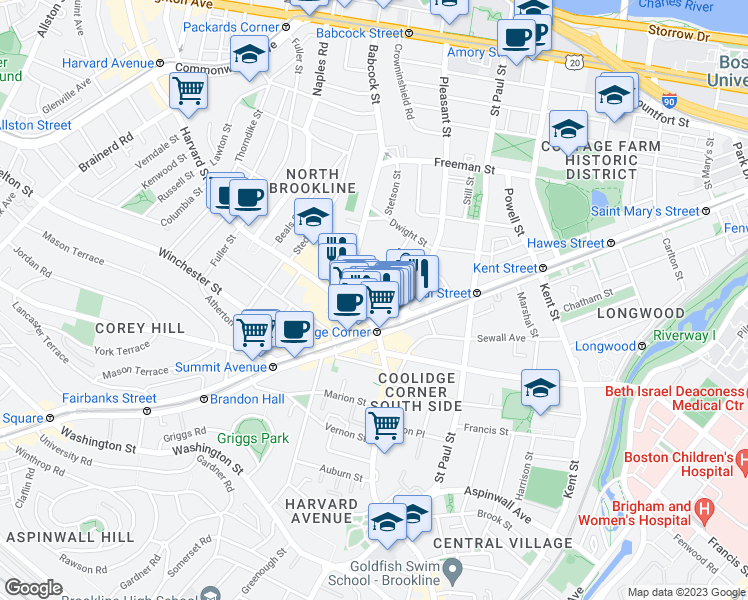 map of restaurants, bars, coffee shops, grocery stores, and more near 26 John Street in Brookline